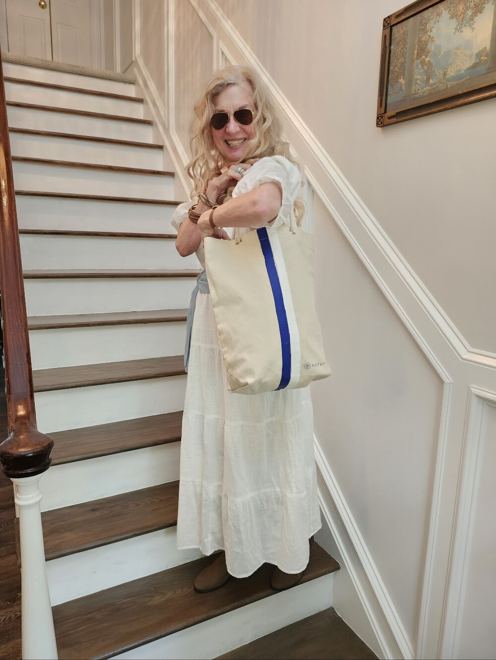 Rothy's Ex Cond Cream Canvas, Logo, Blue & White Stripe Accent Med Tote, $20 - Picture 7 of 8